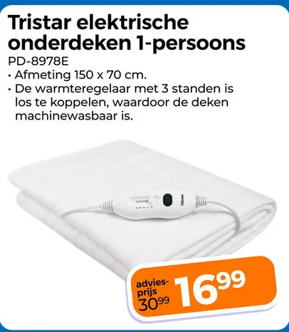 Aanbieding: Tristar elektrische onderdeken 1-persoons