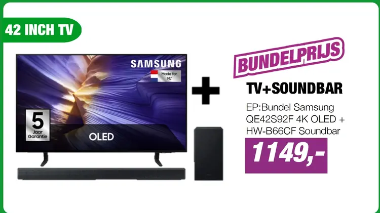 Aanbieding: EP:Bundel Samsung QE42S92F 4K OLED + HW‑B66CF Soundbar