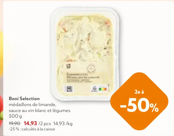 Offre: Médaillons de limande, sauce au vin blanc et légumes