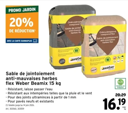 Offre: Sable de jointoiement anti-mauvaises herbes flex Weber Beamix