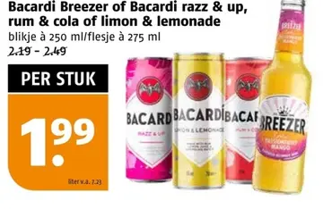 Aanbieding: Bacardi Breezer razz & up, rum & cola, limon & lemonade