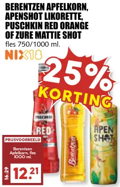 Aanbieding: Apfelkorn, Apenshot Likorette, Puschkin Red Orange of Zure Mattie shot