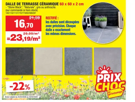 Offre: Dalle de terrasse 60x60x2 cm 0,72m² stone black