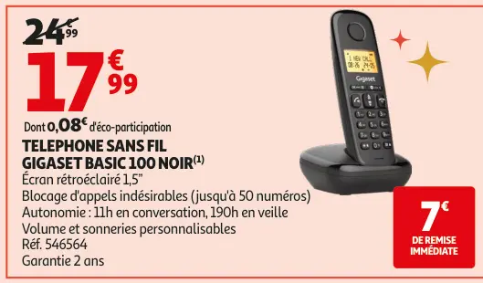 Offre: Telephone sans fil Gigaset basic 100 noir