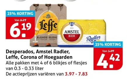 Aanbieding: Desperados, Amstel Radler, Leffe, Corona of Hoegaarden