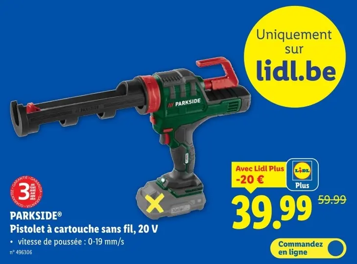 Offre: Pistolet à cartouche sans fil, 20 V