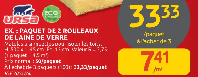 Offre: Paquet de 2 rouleaux de laine de verre