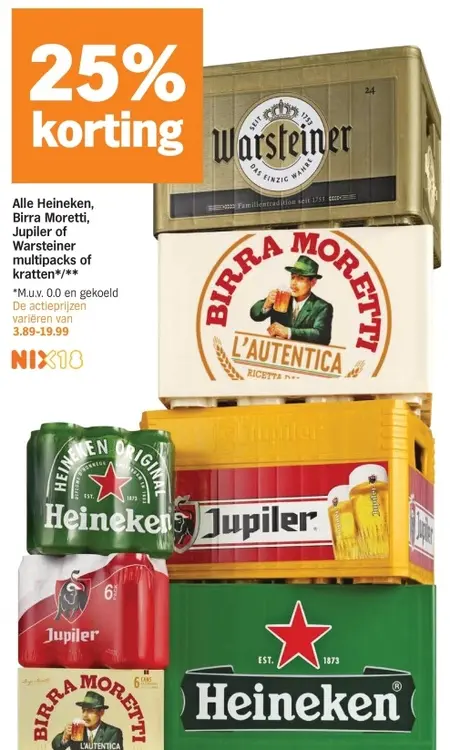 Aanbieding: Alle Heineken, Birra Moretti, Jupiler of Warsteiner multipacks of kratten
