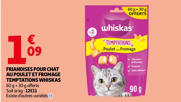 Offre: Friandises pour chat au poulet et fromage temptations 