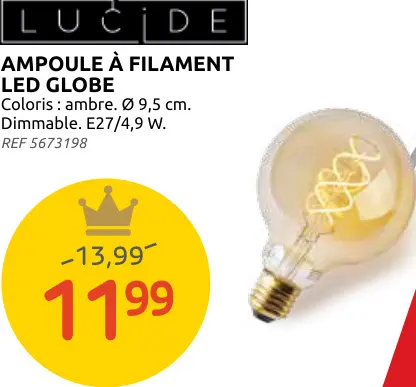 Offre: Lucide Ampoule à filament LED Globe