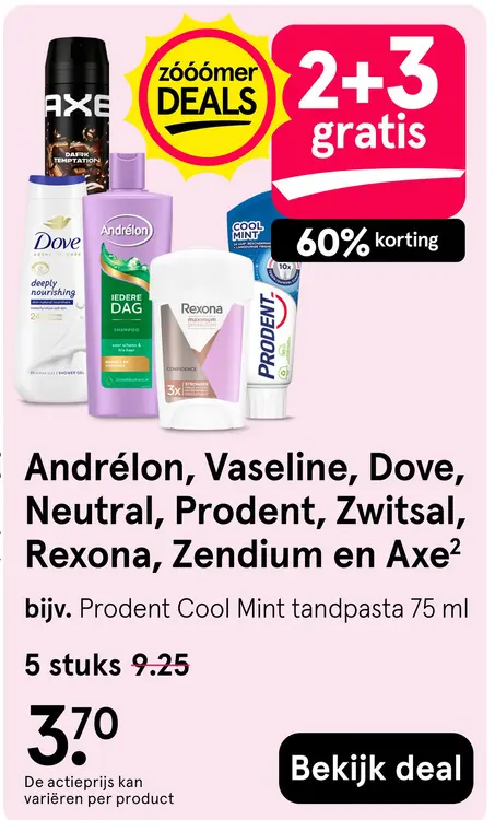 Aanbieding: Andrélon, Vaseline, Dove, Neutral, Prodent, Zwitsal, Rexona, Zendium en Axe