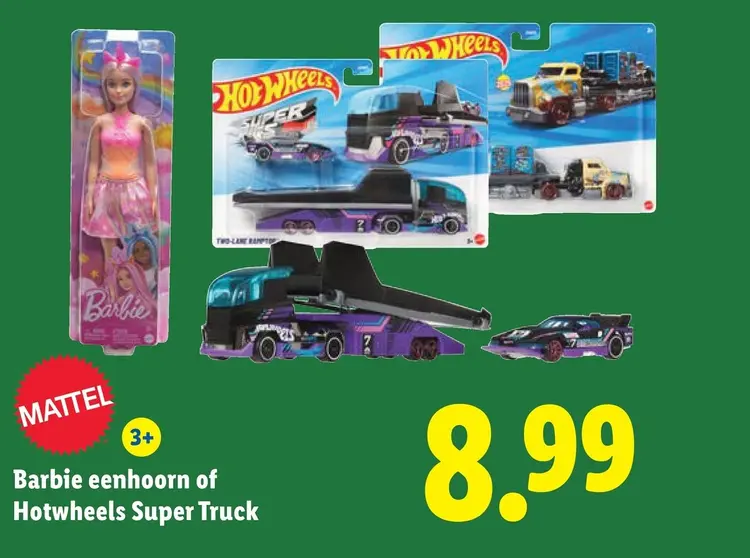 Aanbieding: Barbie eenhoorn of Hotwheels Super Truck