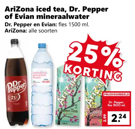Aanbieding: Iced tea, Dr. Pepper of Evian mineraalwater