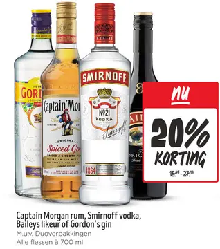 Aanbieding: Captain Morgan rum, Smirnoff vodka, Baileys likeur of Gordon's gin