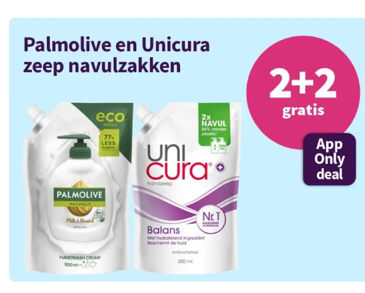 Aanbieding: Palmolive en Unicura zeep navulzakken