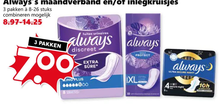 Aanbieding: Always's maandverband en/of inlegkruisjes