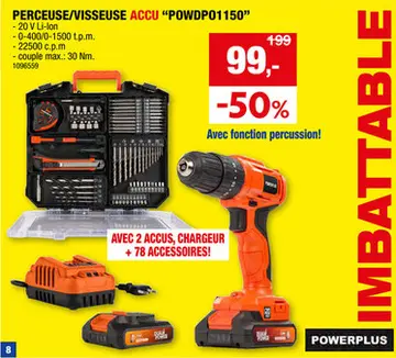 Offre: Powerplus Dual Power POWDPO1150 perceuse-visseuse à  percussion sans fil 20V Li-Ion + 2 batteries + chargeur + 78 accessoires