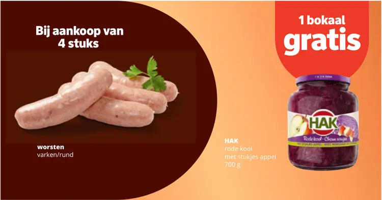 Promotie: Worsten 4 stuks + GRATIS Bokaal rode kool