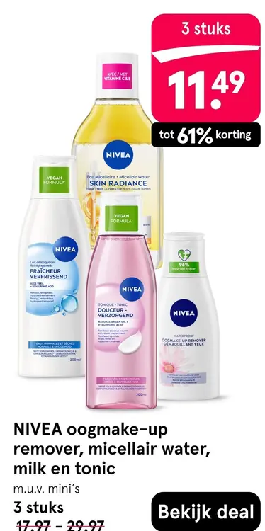 Aanbieding: Oogmake-up remover, micellair water, milk en tonic