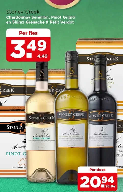Aanbieding: Stoney Creek Chardonnay Semillon, Pinot Grigio en Shiraz Grenache & Petit Verdot