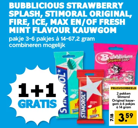 Aanbieding: Bubblicious strawberry splash, stimoral original, fire, ice, max en/of fresh mint flavour kauwgom
