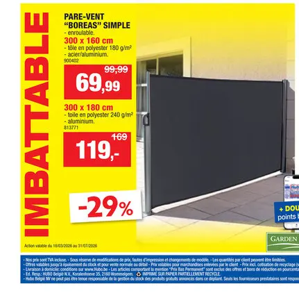 Offre: Garden Plus Boreas pare-vent enroulable simple 3x1,8 m
