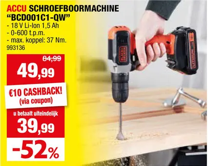 Promotie: Black+Decker BCD001C1-QW accu schroefboormachine 18V Li-Ion + lader