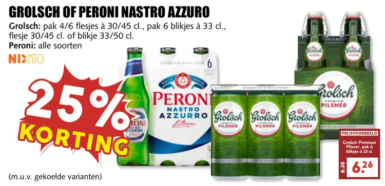 Aanbieding: Grolsch of Peroni Nastro Azzuro