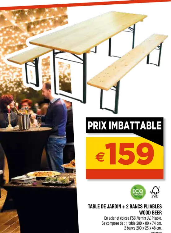 Offre: Table de jardin + 2 bancs pliables wood beer