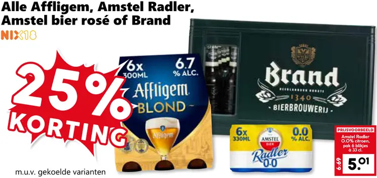 Aanbieding: Alle Affligem, Amstel Radler, Amstel bier rosé of Brand