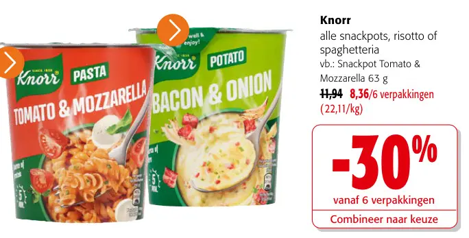 Promotie: alle snackpots, risotto of spaghetteria