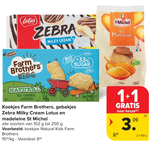 Promotie: Koekjes, gebakjes Zebra Milky Cream Lotus en madeleine St Michel