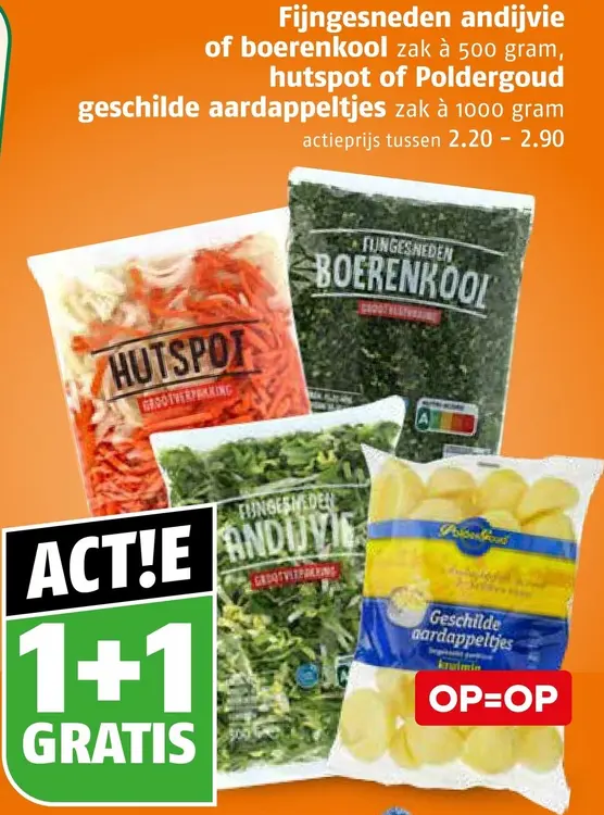 Aanbieding: Fijngesneden andijvie of boerenkool, hutspot of Poldergoud geschilde aardappeltjes