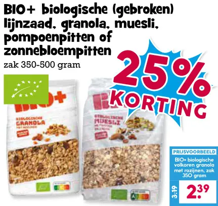 Aanbieding: Biologische lijnzaad, granola, muesli, pompoenpitten of zonnebloempitten