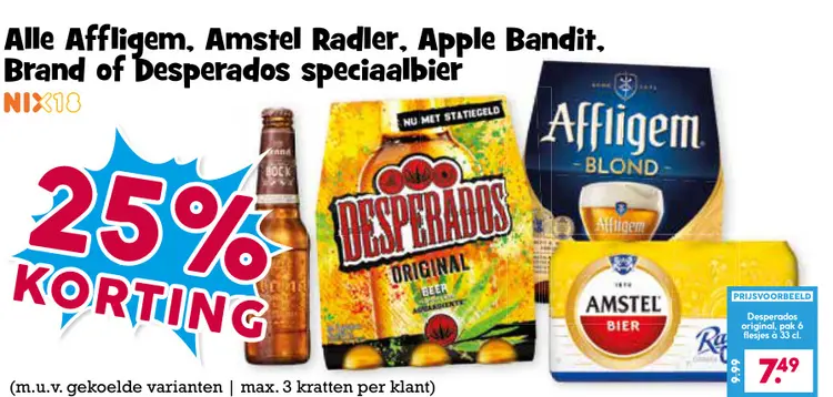 Aanbieding: Affligem, Amstel Radler, Apple Bandit, Brand of Desperados speciaalbier