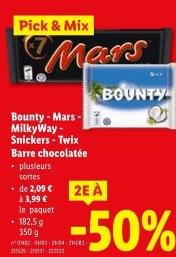Offre: Bounty - Mars - MilkyWay - Snickers - Twix Barre