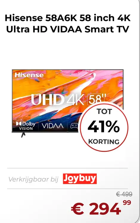 Aanbieding: Hisense 58A6K 58 inch 4K Ultra HD VIDAA Smart
