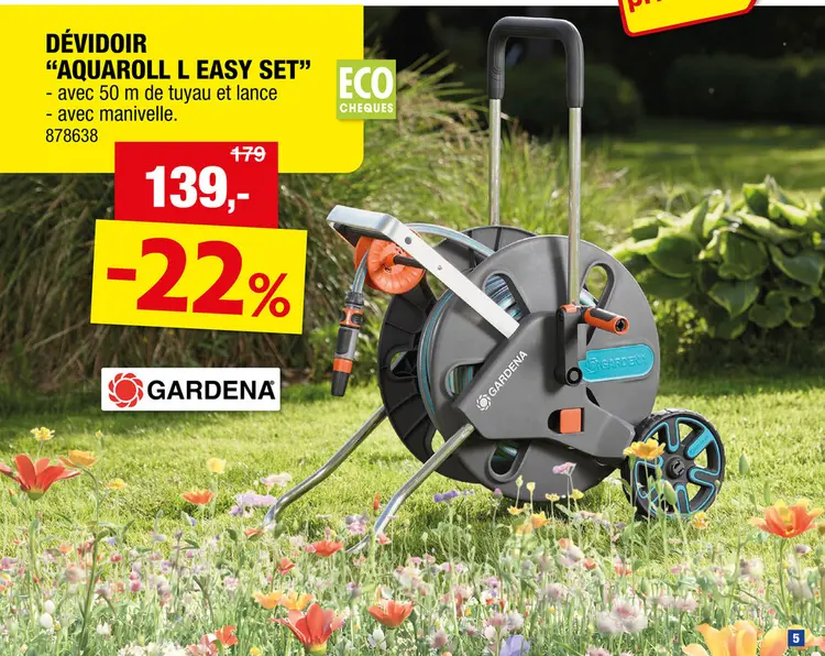 Offre: Gardena AquaRoll L Easy dévidoir sur roues avec tuyau d'arrosage 50m