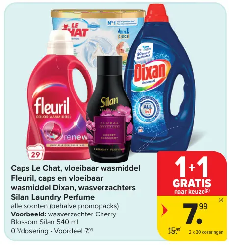 Promotie: Caps Le Chat, vloeibaar wasmiddel Fleuril, caps en vloeibaar wasmiddel Dixan, wasverzachters Silan Laundry Perfume