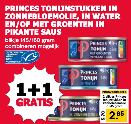 Aanbieding: Tonijnstukken in zonnebloemolie, in water en/of met groenten in pikante saus