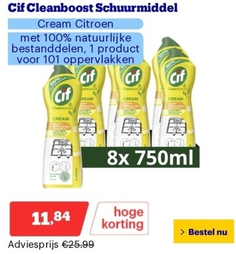 Aanbieding: Cif Cleanboost Schuurmiddel - Cream Citroen - met 100% natuurlijke bestanddelen, 1 product voor 101 oppervlakken - 8 x 750 ml