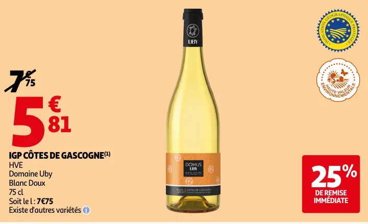Promotie: IGP CÔTES DE GASCOGNE HVE Domaine Uby Blanc Doux