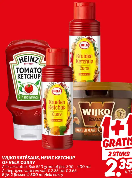 Aanbieding: Wijko satésaus, HEINZ ketchup of HELA curry