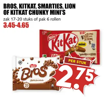 Aanbieding: Bros, KitKat, Smarties, Lion of KitKat chunky mini's