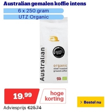 Aanbieding: Australian gemalen koffie intens - 6 x 250 gram - UTZ Organic - NL-BIO-01