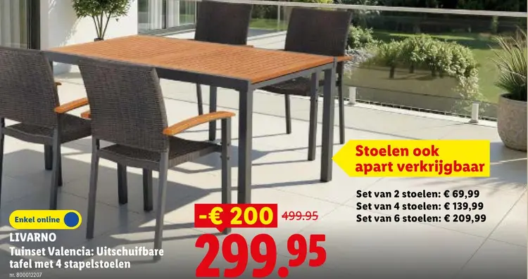 Promotie: Tuinset Valencia: Uitschuifbare tafel met 4 stapelstoelen