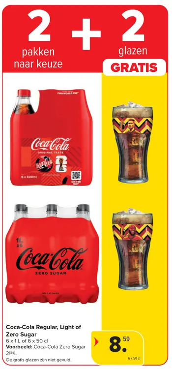 Promotie: Coca-Cola Regular, Light of Zero Sugar + 2 GRATIS glazen