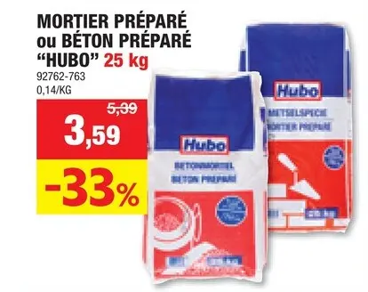 Offre: Hubo mortier préparé 25kg