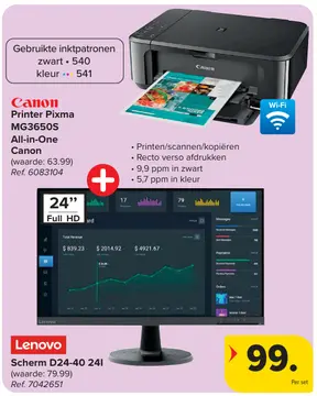 Aanbieding: Printer Pixma MG3650S All-in-One + Lenovo Scherm D24-40 24l