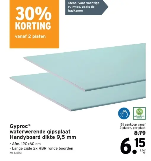 Promotie: Gyproc waterwerende gipsplaat Handyboard dikte 9,5 mm